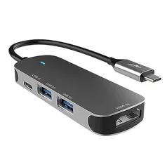 Adaptador HUB USB 4 em 1 entrada Tipo-C Para 2 Portas USB-A, 1 Porta Tipo-C e 1 Porta HDMI Corpo e Conector em Alumínio - HUB41HD ELG