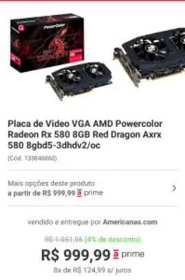 Placa de Vídeo Powercolor Radeon RX 580 8GB | R$900