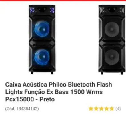 Caixa Acústica Philco Bluetooth Flash Lights Função Ex Bass 1500 Wrms Pcx15000 – R$882 Preto