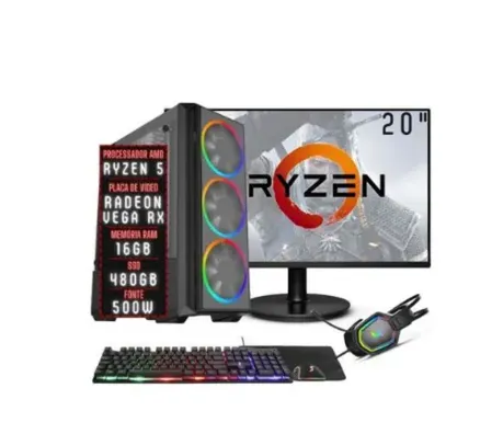 PC Gamer Completo 3green Force, AMD Ryzen 5, 16GB DDR4, Radeon RX, SSD 480GB