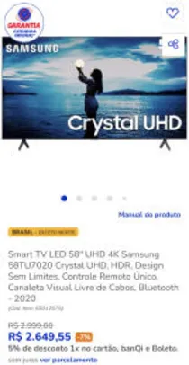 Smart TV LED 58" UHD 4K Samsung 58TU7020 Crystal UHD, HDR, Design Sem Limites, Controle Remoto Único, Livre de Cabos, Bluetooth R$2649