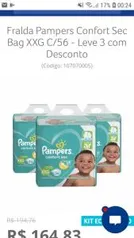 Fralda Pampers Confort Sec Bag XXG C/56 [3 unidades] R$164