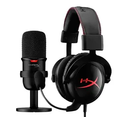 Kit Streamer HyperX: Headset Cloud Core Gamer LED, Driver 53mm + Microfone Condensador Solocast, USB