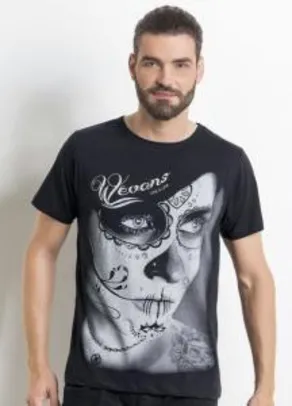 Camiseta Masculina Preta com Estampa Frontal - R$25