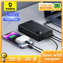 Carregador e Power Bank BASEUS 140W com Três Saídas USB A e USB C, 24000mAh