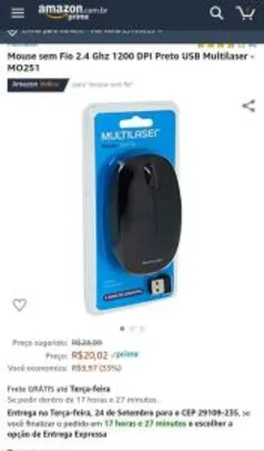 [Prime] Mouse sem Fio 2.4 Ghz 1200 DPI Preto USB Multilaser - MO251