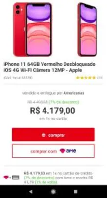 iPhone 11 128GB Vermelho iOS 4G Câmera 12MP - Apple - R$4749