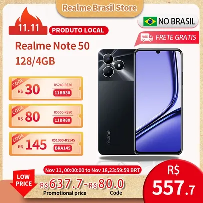 [ APP | Do Brasil | MOEDAS R$ 550 ] Celular Smartphone  Realme Note 50 128GB ROM / 4GB RAM , 4G Versão Global