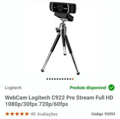 WebCam Logitech C922 Pro Stream Full HD 1080p/30fps R$ 260