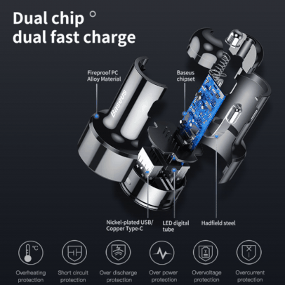 Carregador Baseus 45W Fast Charging USB Car Charger Support Supercharge