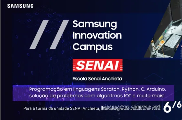 [Semipresencial] Samsung+Senai SP: 50 vagas | Curso Gratuito de Programação