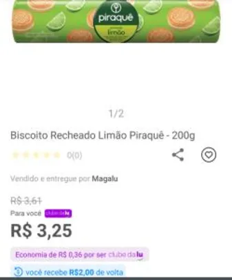 [APP/ R$ 1 de volta] Biscoito recheado limão Piraquê | R$2,96