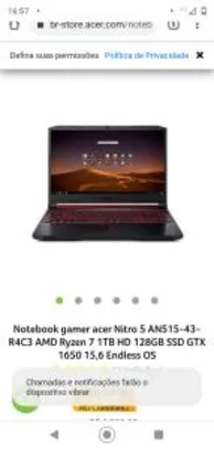 Notebook gamer acer Nitro 5 AMD Ryzen 7 1TB HD 128GB SSD GTX 1650 | R$4729