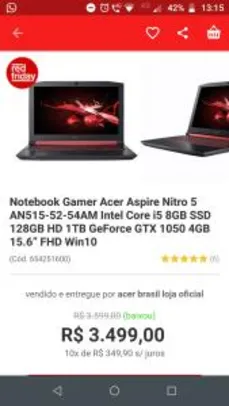 Notebook Gamer Acer Aspire Nitro 5 AN515-52-54AM Intel Core i5 8GB SSD 128GB HD 1TB GeForce GTX 1050 4GB 15.6” FHD Win10