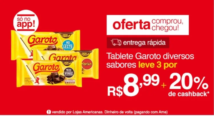3 barras de chocolate Garoto por R$9 + 20% de cashback
