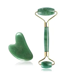 Rolo de jade para rosto, conjunto de pedras faciais naturais de jade, massageador de pele com ferramentas de raspagem Gua Sha