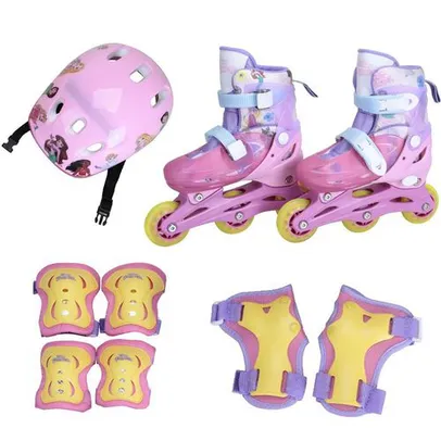 [AME R$ 147,24] Patins Infantil 4 rodas In Line Ajustável Com Kit Proteção Tamanho 32-35 Disney Princesas - brink+ 