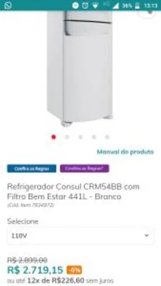 Refrigerador Consul CRM54BB com Filtro Bem Estar 441L - Branco | R$ 2719
