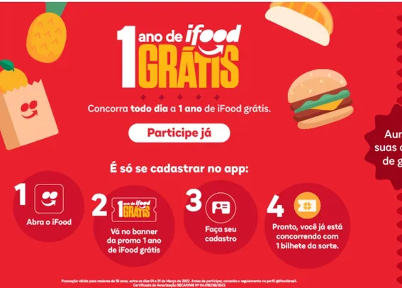 Concorra a 1 ano de Ifood Grátis ( Valor de R$ 18000)