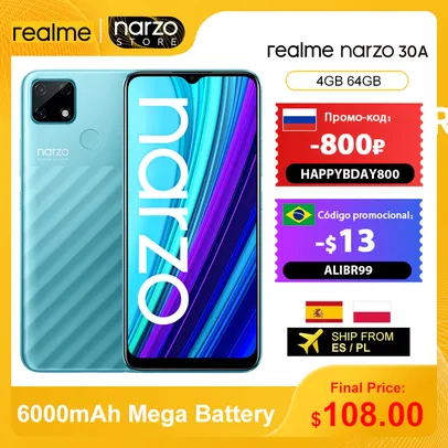 Smartphone Realme Narzo 30A 4GB 64GB 6000mAh Global | R$711