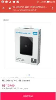 HD Externo WD 1TB Element por R$ 199