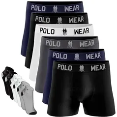 [15 PEÇAS] Kit 9 Cuecas Polo Boxer Adulto Masculinas Wear Original + 6 Meias (M, Sortidos)