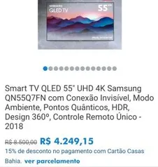 (Cartão Casas Bahia) Smart TV QLED 55" UHD 4K Samsung QN55Q7FN - R$ 4.249,15