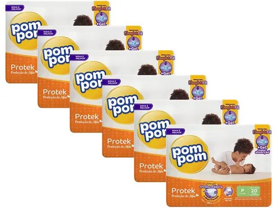 Kit Fraldas Pom Pom Protek Proteção de Mãe - Tam. P 3 a 6kg 6 Pacotes com 20 Unidades Cada