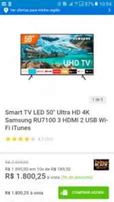 Smart TV LED 50" Ultra HD 4K Samsung RU7100 - R$1.800