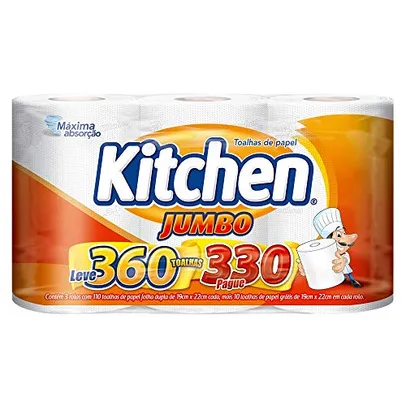 (Recorrencia) Papel Toalha Kitchen Jumbo Folha Dupla - Pack com 3 rolos de 110 unidades | R$8
