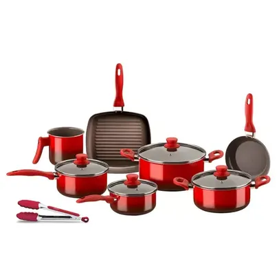 Jogo de Panelas Brinox Ceramic Life Magnólia 7 peças + Pegador Vermelho