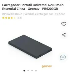 Carregador Portatil Universal 6200 mAh Essential Cinza R$39