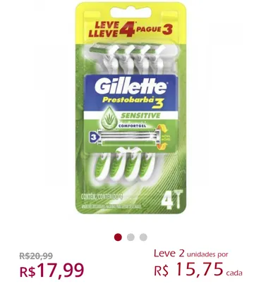 Aparelho de Barbear Gillette Prestobarba 3 Sensitive Comfortgel com 4 unidades | R$16