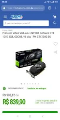 Placa de Vídeo VGA Asus NVIDIA GeForce GTX 1050 3GB, GDDR5, 96 bits - R$ 840