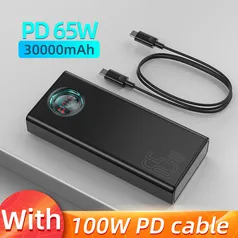 Carregador Baseus PD 65W 30000mAh + Cabo PD 100W