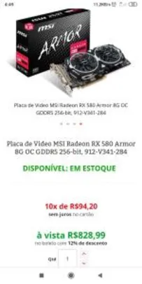 PLACA DE VIDEO MSI RADEON RX 580 ARMOR 8G OC R$ 828
