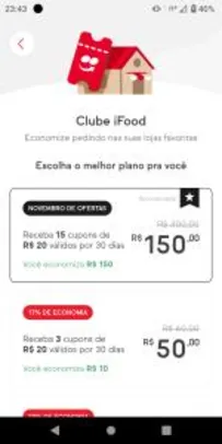 Clube ifood 50% OFF | 15 cupons de R$20 | Pelando