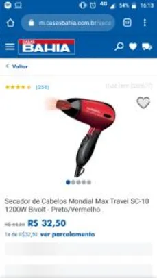 Secador de Cabelos Mondial Max Travel SC-10 1200W Bivolt - Preto/Vermelho | R$33