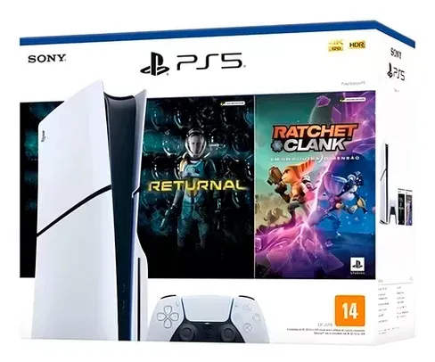  Console PlayStation 5 Midia Fisica Slim Branco 1TB Returnal e Ratchet e Clank Controle Sem Fio Dualsense Branco