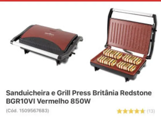 (AME R$144) Sanduicheira e Grill Press Britânia Redstone BGR10VI Vermelho 850W | R$ 174