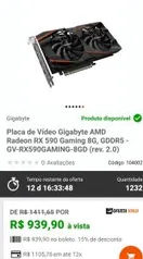 Placa de Vídeo Gigabyte AMD Radeon RX 590 Gaming 8G, GDDR5 - GV-RX590GAMING-8GD (rev. 2.0)