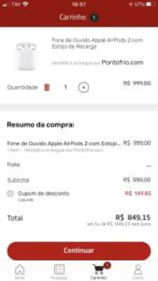 Apple AirPods 2 com Estojo de Recarga | R$849