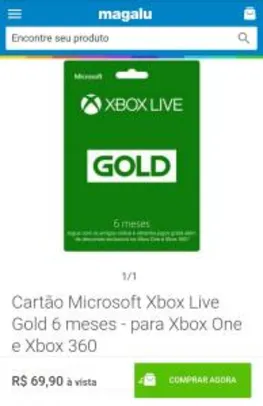 Cartão Microsoft Xbox Live Gold 6 meses - para Xbox One e Xbox 360 R$70