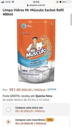 Prime - R$ 1,26 - Limpa Vidros Mr Músculo Sachet Refil 400ml