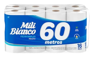 Mili Bianco Papel Higiênico 60m Folha SIMPLES Neutro - 16 rolos