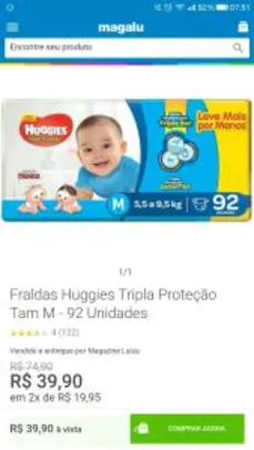 Fralda Huggies Tripla Proteção - 92 Unidades - R$40