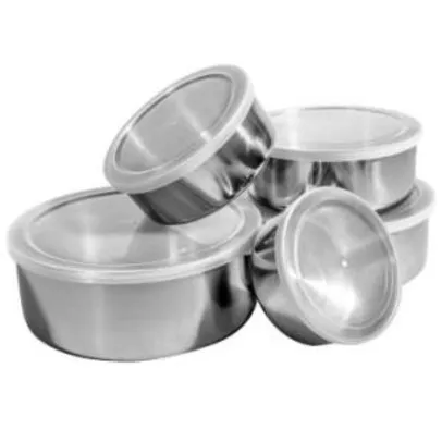 Conjunto De Potes e Tigelas de Aço Inox 5 peças com Tampa Plástica | R$15