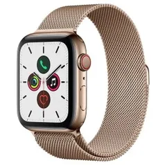 Apple Watch Series 5 (Cellular + GPS, 44 mm) - Caixa de Aço Inoxidável Dourado - Pulseira Dourada Estilo Milanês