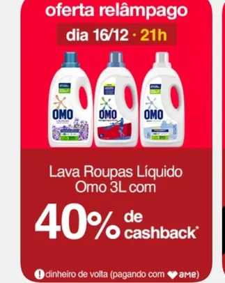 (AME R$21,59 / SC AME R$17,27) Lava Roupas Líquido Omo Lavagem Perfeita 3L