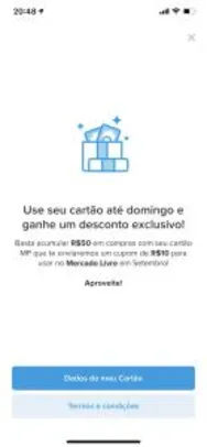 [Usuários Selecionados] R$10 OFF no Mercado Livre gastando R$50 com Cartão Mercado pago Visa